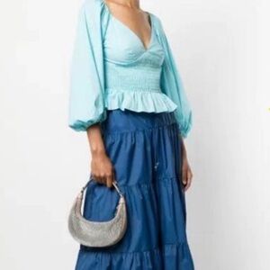 STAUD Matilde Top Light Blue Size L-Smocked Waist Peplum Puff Sleeve